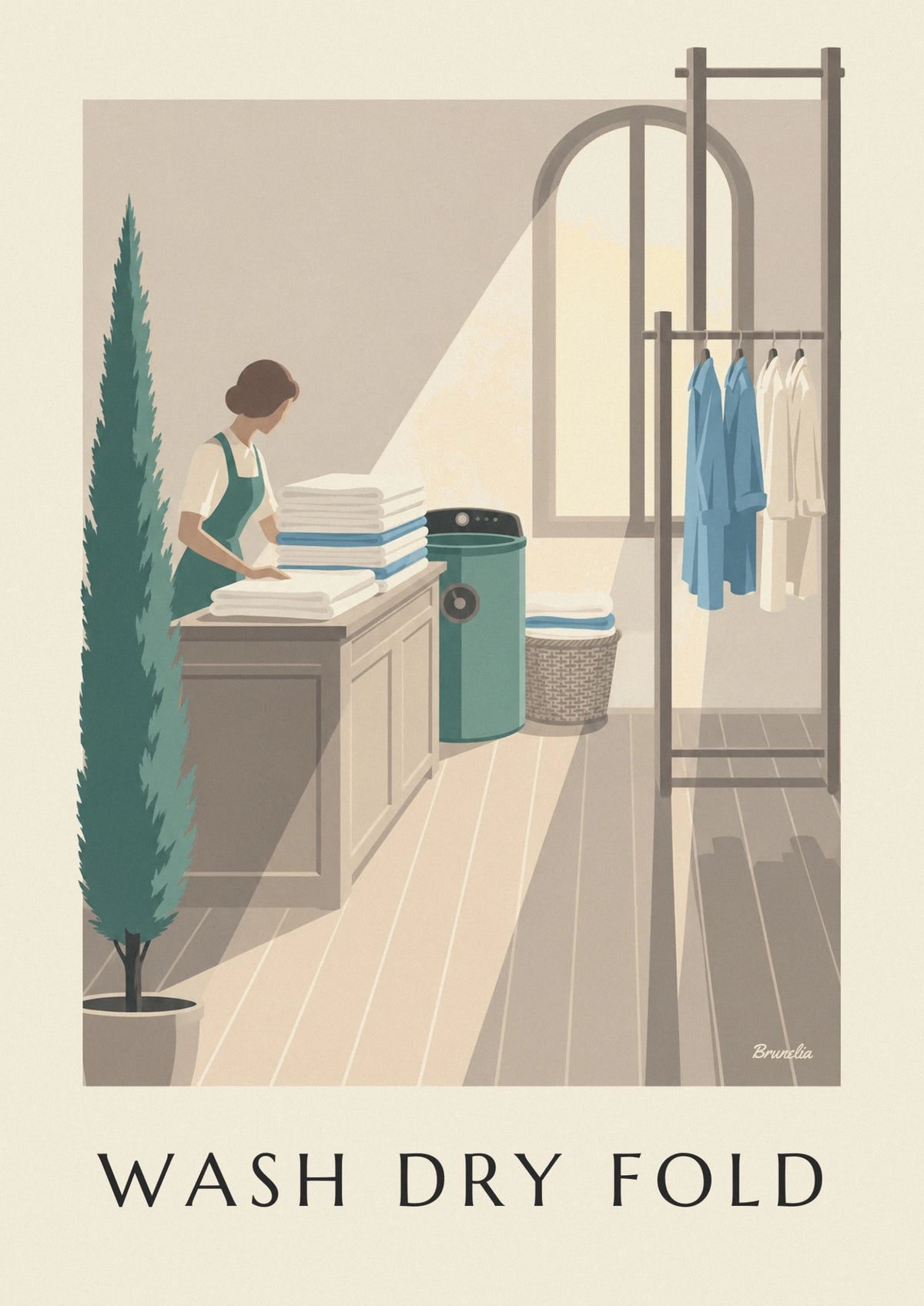 Affiche comptoir de blanchisserie, linge plié et séchoir