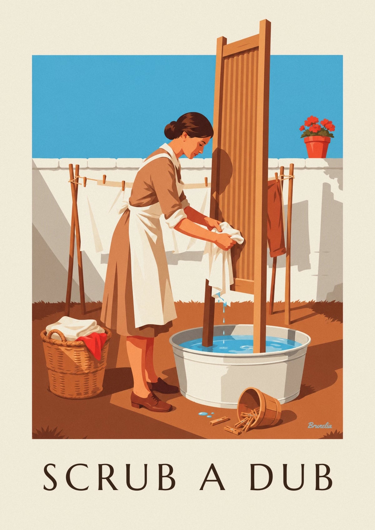 Affiche femme et planche à laver dans une cour ensoleillée
