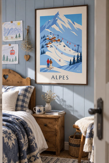 Affiche station de ski des Alpes françaises et télécabine : encadrée au mur