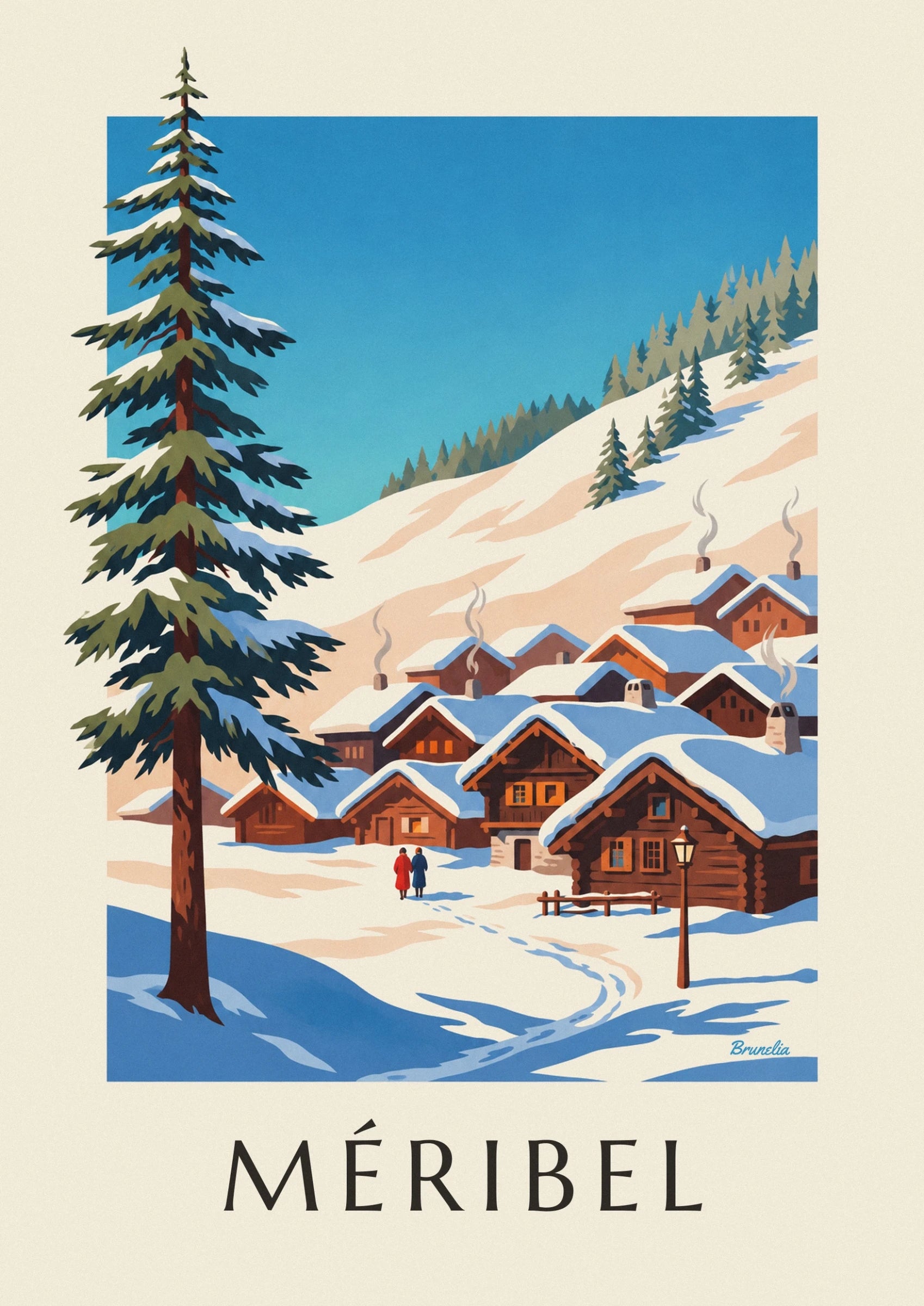 Chalets en rondins aux volets orange, toits chargés de neige, lampadaire et clôture en bois