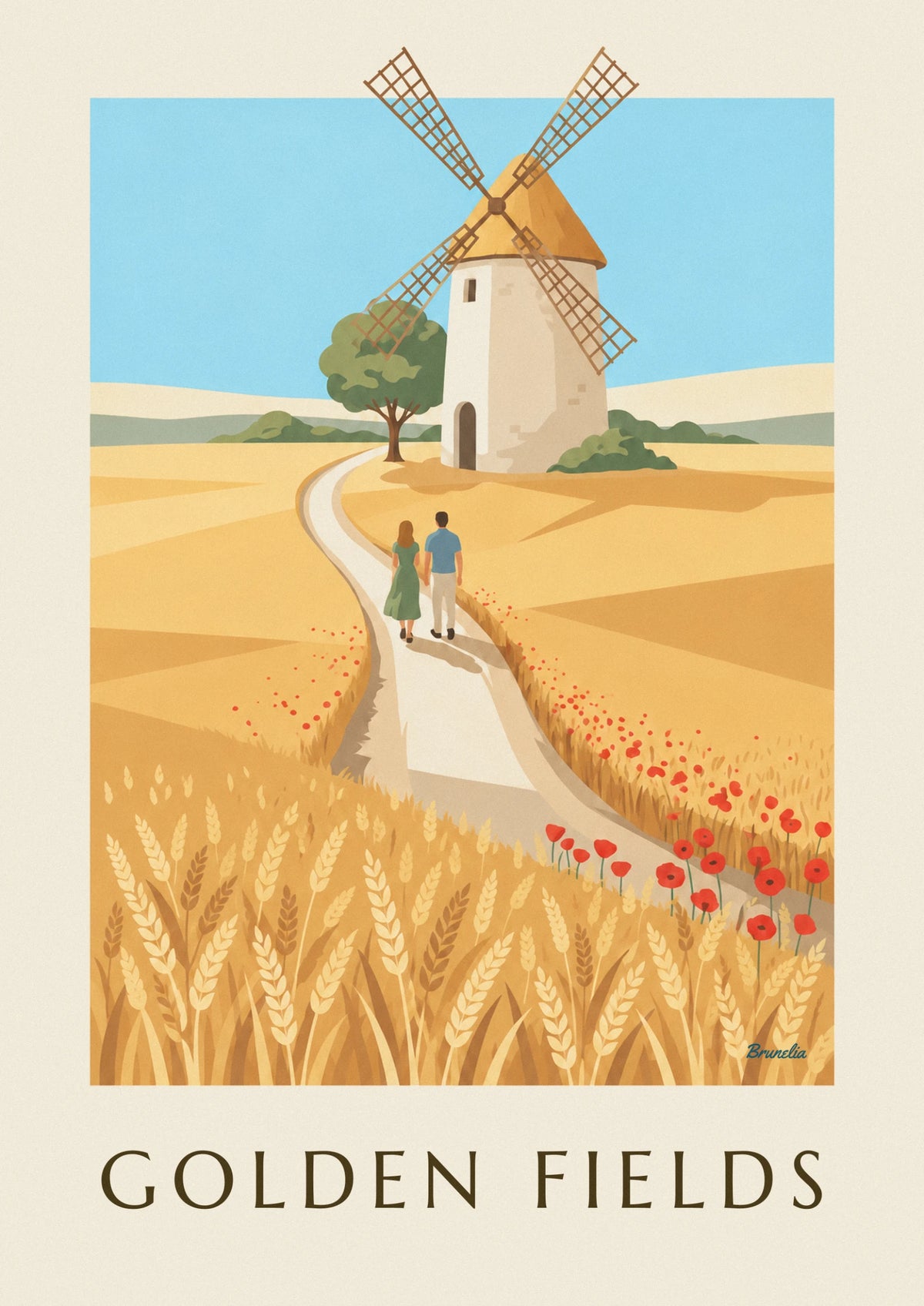 Affiche moulin à vent dans les champs de blé et coquelicots