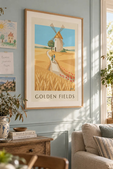 Affiche moulin à vent dans les champs de blé et coquelicots : encadrée au mur