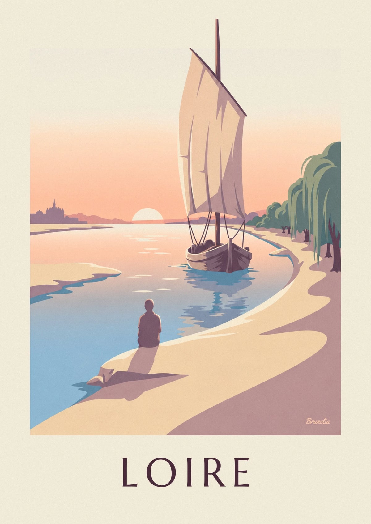 Affiche gabare à voile carrée sur la Loire au coucher du soleil