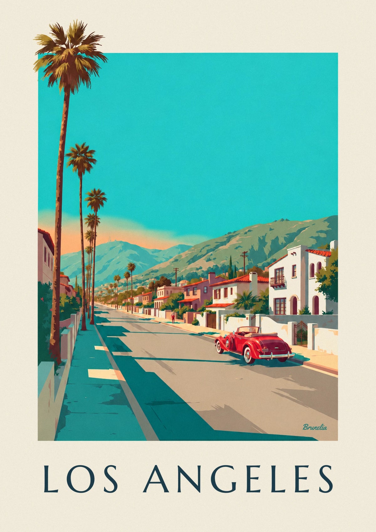 Affiche voiture décapotable sous les palmiers de Los Angeles