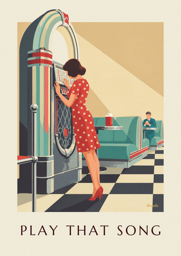 Affiche femme en robe à pois choisissant une chanson au jukebox