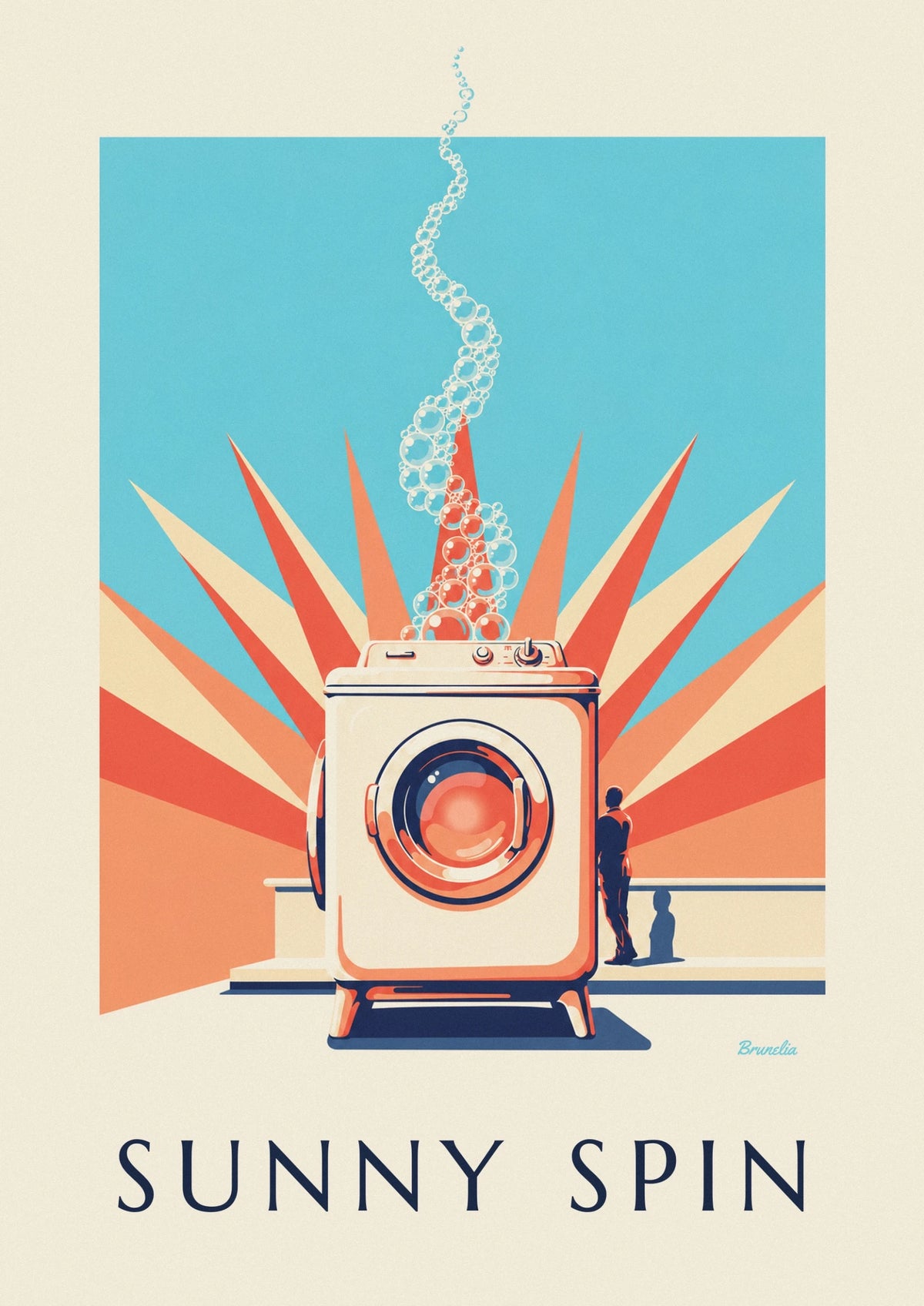 Affiche machine à laver à hublot et rayons de soleil pastel