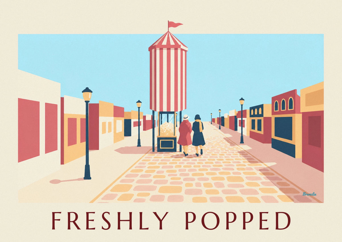 Affiche machine à pop-corn rayée rouge et blanc à la fête foraine