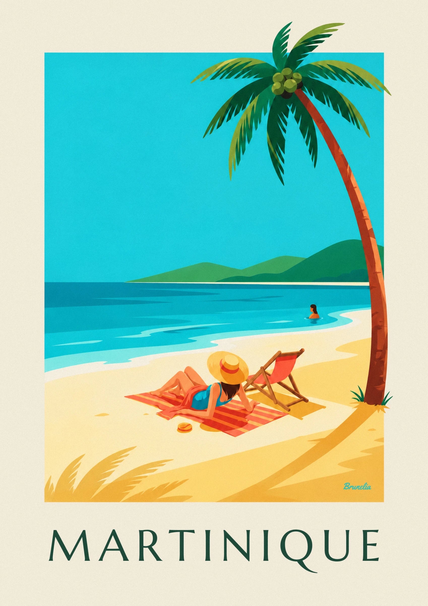A woman in a straw hat on a striped towel near a red deckchair