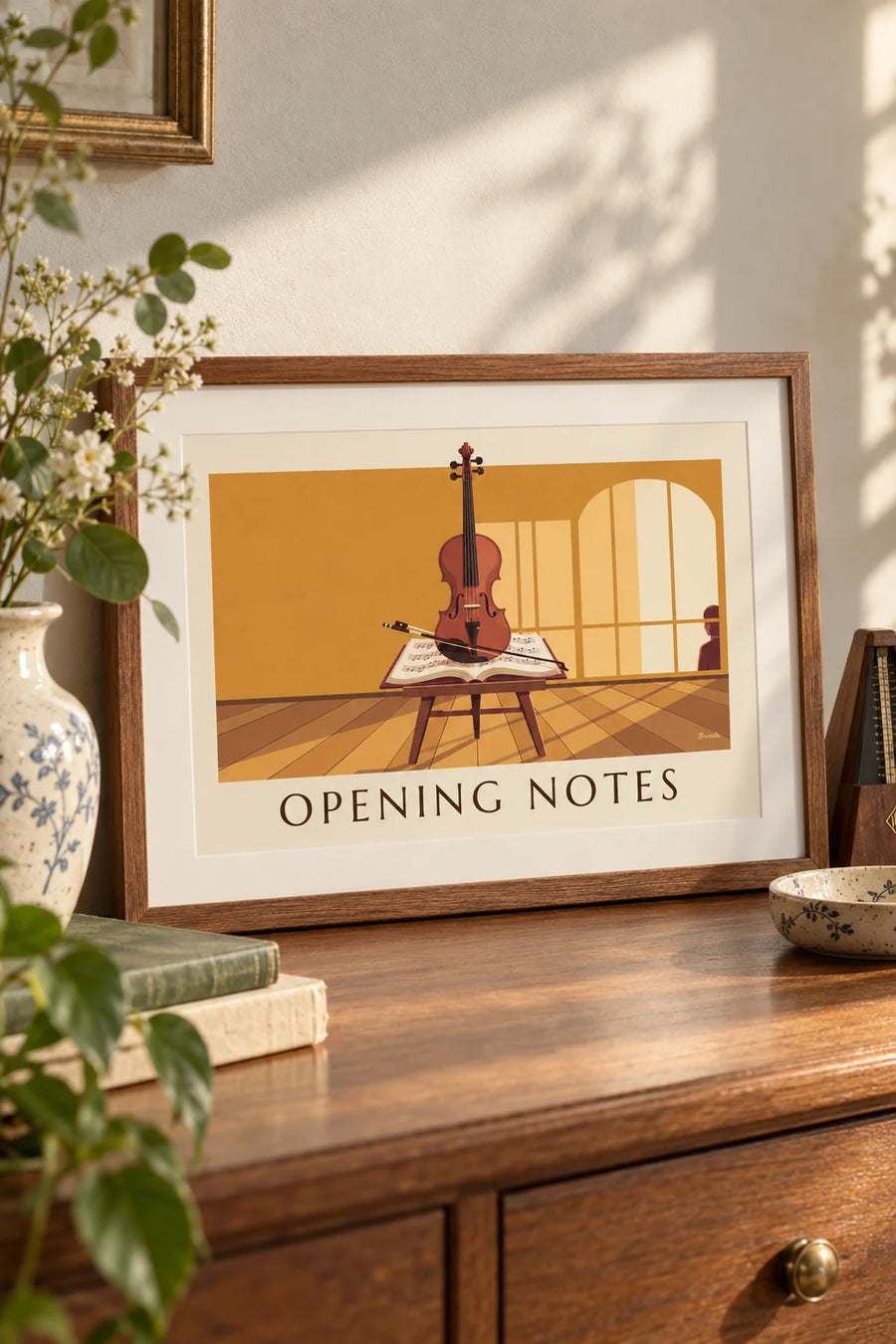 Affiche violon et archet posés sur une partition ouverte : petit format A4 encadré