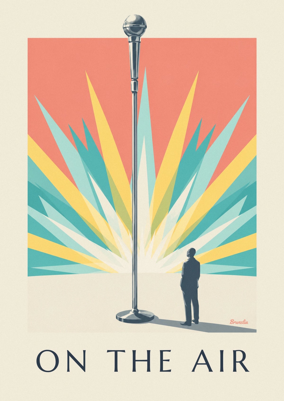 Affiche microphone chromé sur fond rayonnant