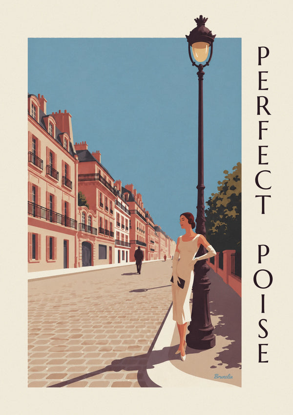 Affiche femme en robe crayon et gants longs à Paris