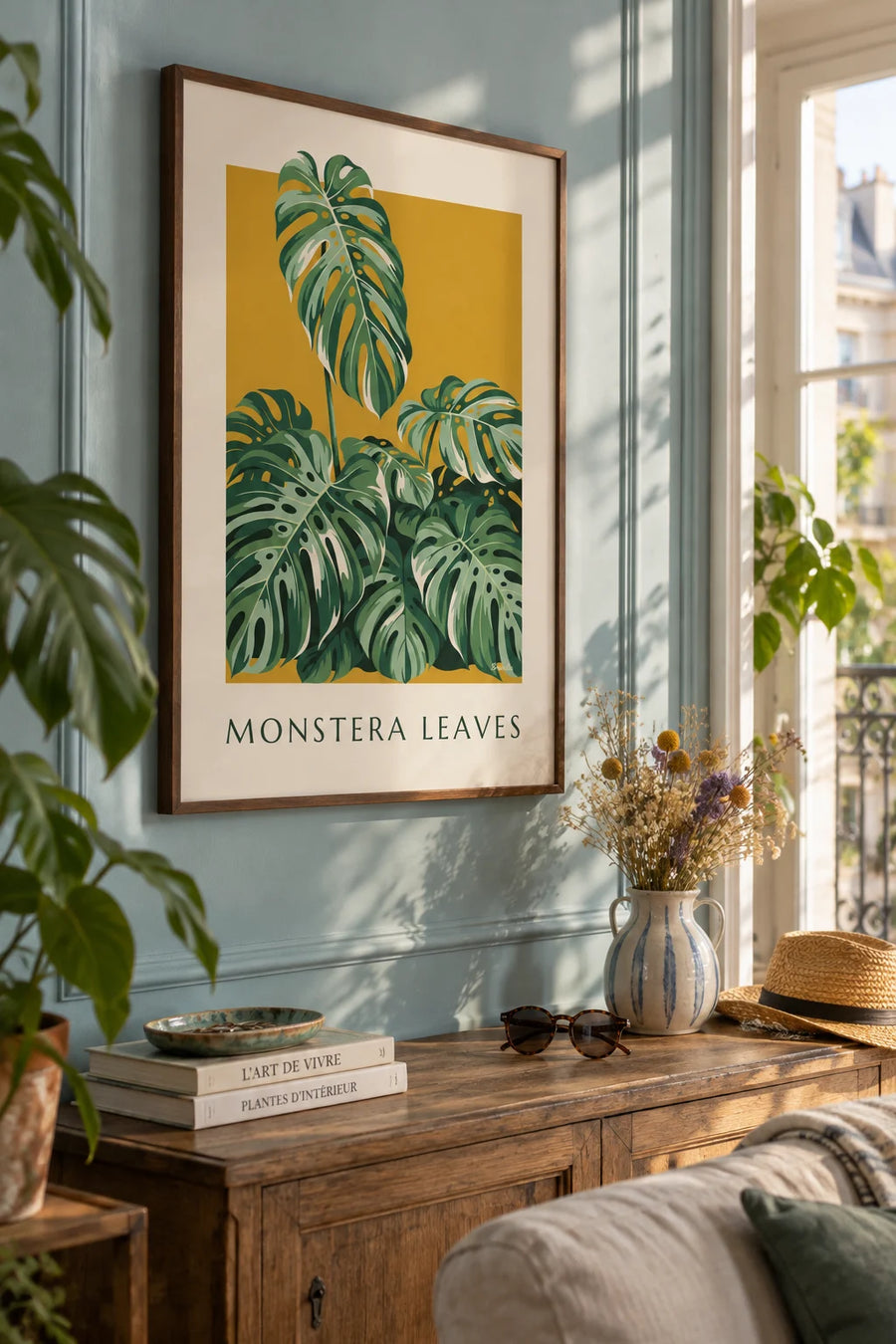 Affiche feuilles de monstera en bouquet luxuriant : encadrée au mur