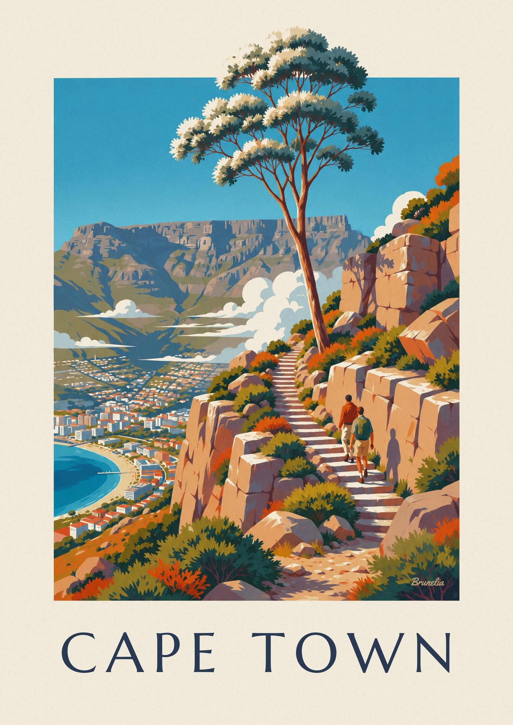 A tree with pale foliage in front of the cliffs of montagne de la Table