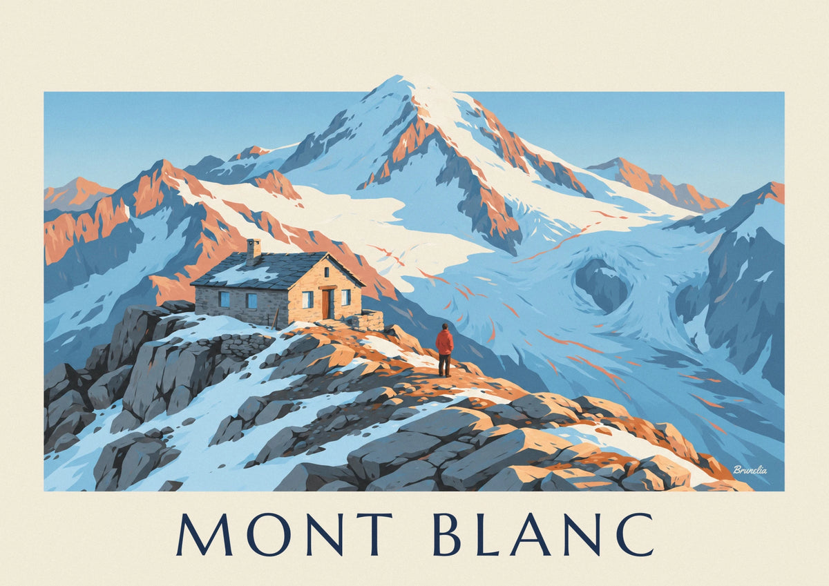 Affiche refuge de haute montagne face au mont Blanc