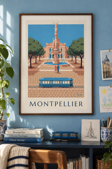 Affiche place de la Comédie et tramway de Montpellier : encadrée au mur