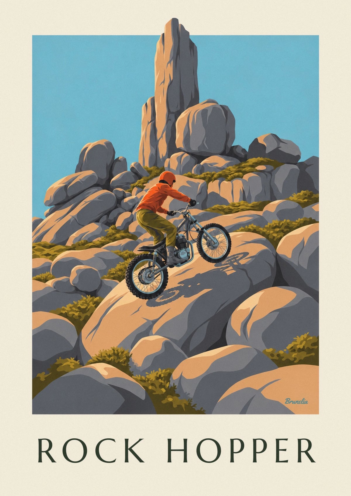 Affiche pilote de trial franchissant des rochers