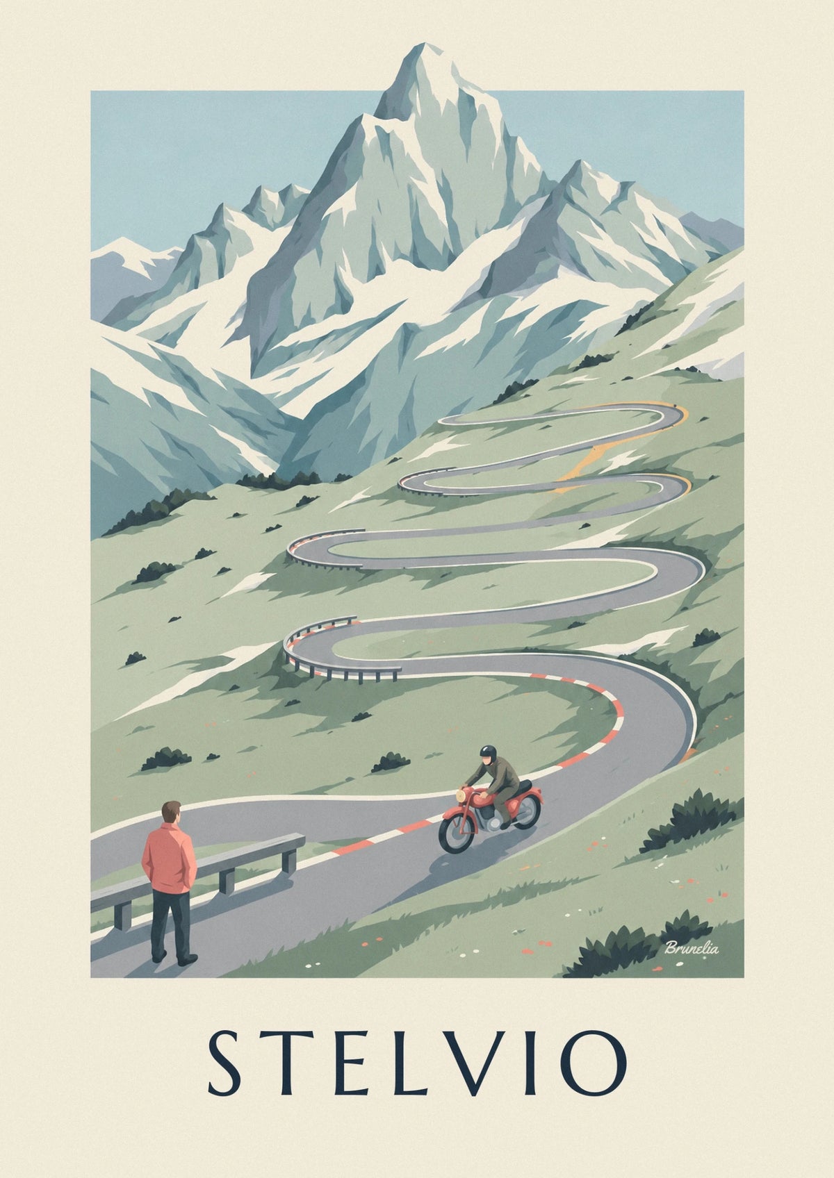 Affiche motard dans les lacets du col du Stelvio en Italie