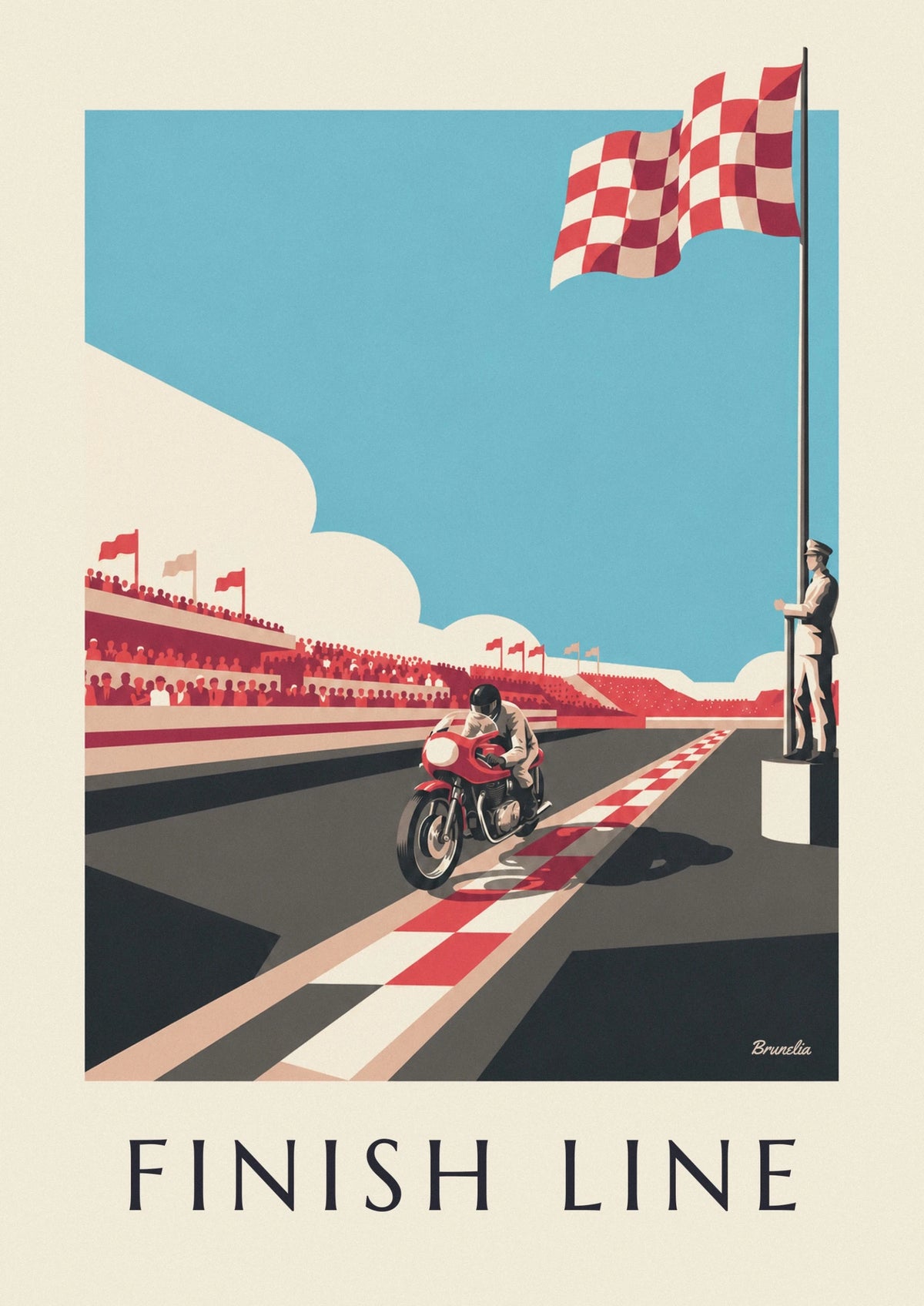 Affiche moto franchissant la ligne d’arrivée sous le drapeau à damier