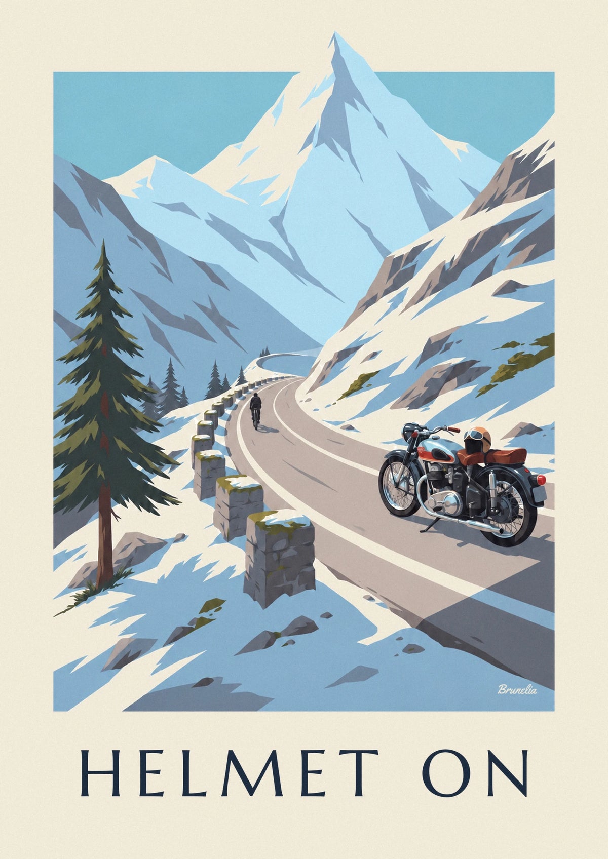 Affiche moto et casque intégral au sommet d’un col de montagne