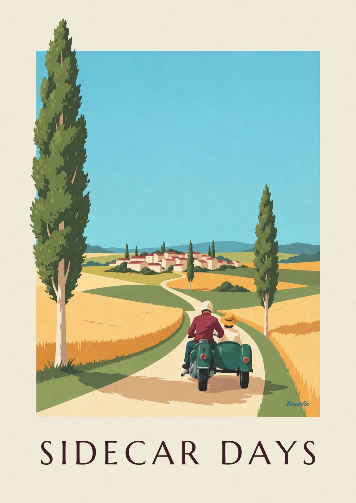 Affiche moto et side-car sur une route de campagne bordée de peupliers