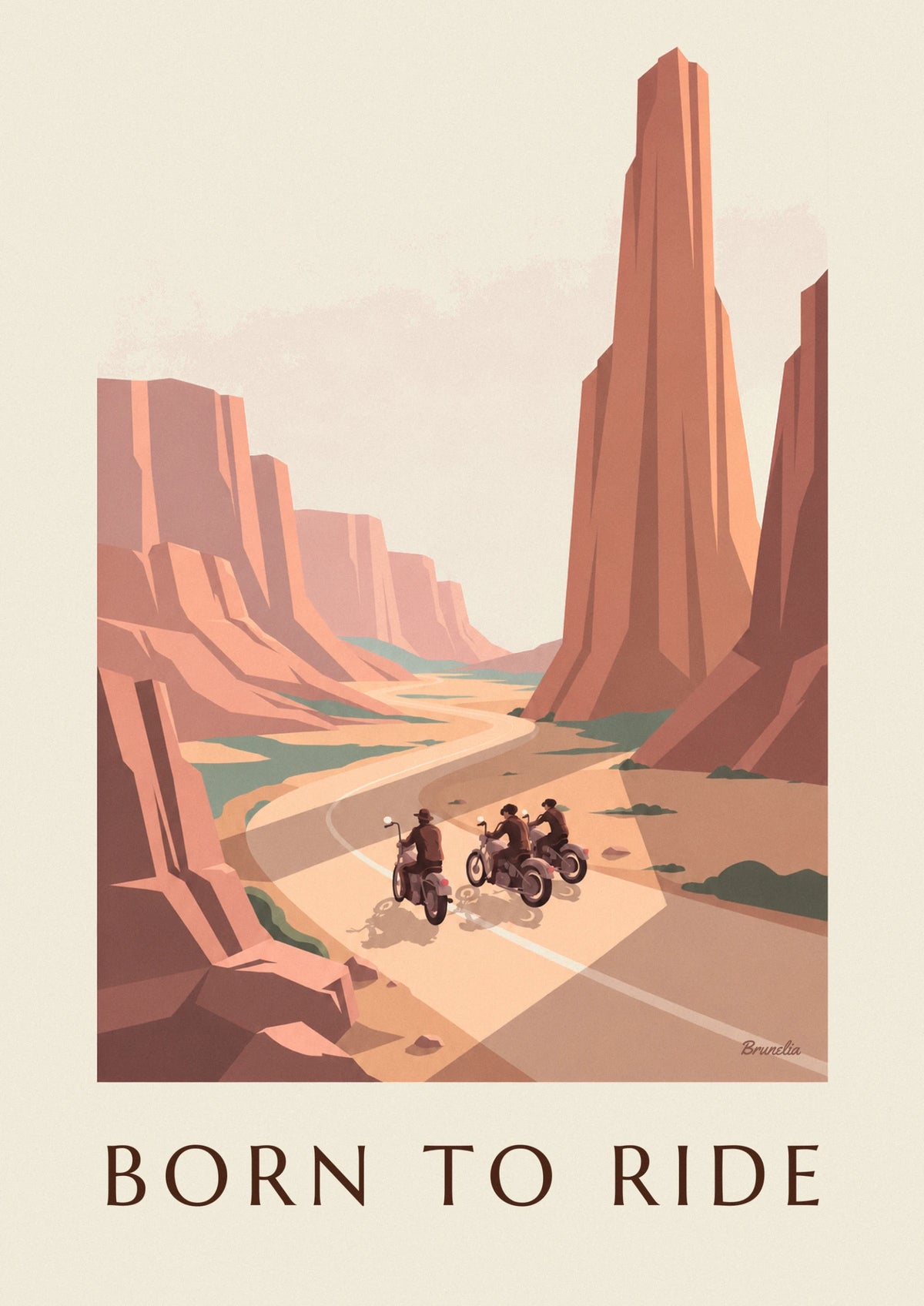 Affiche 3 motards en custom sur une route de canyon