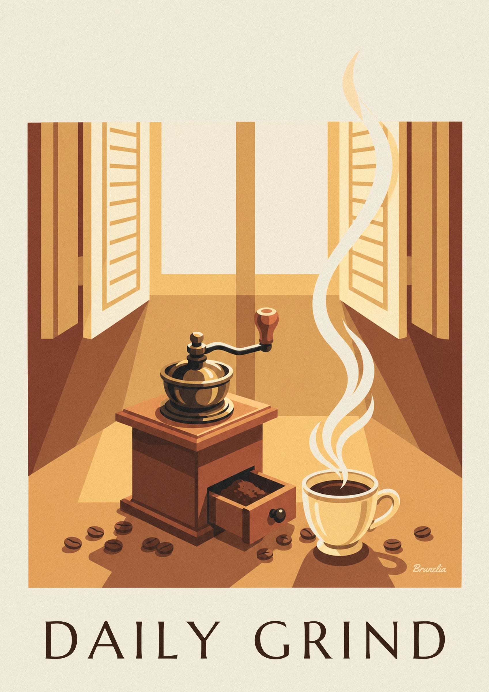 The wooden coffee grinder, its handle and its drawer open to reveal the ground coffee