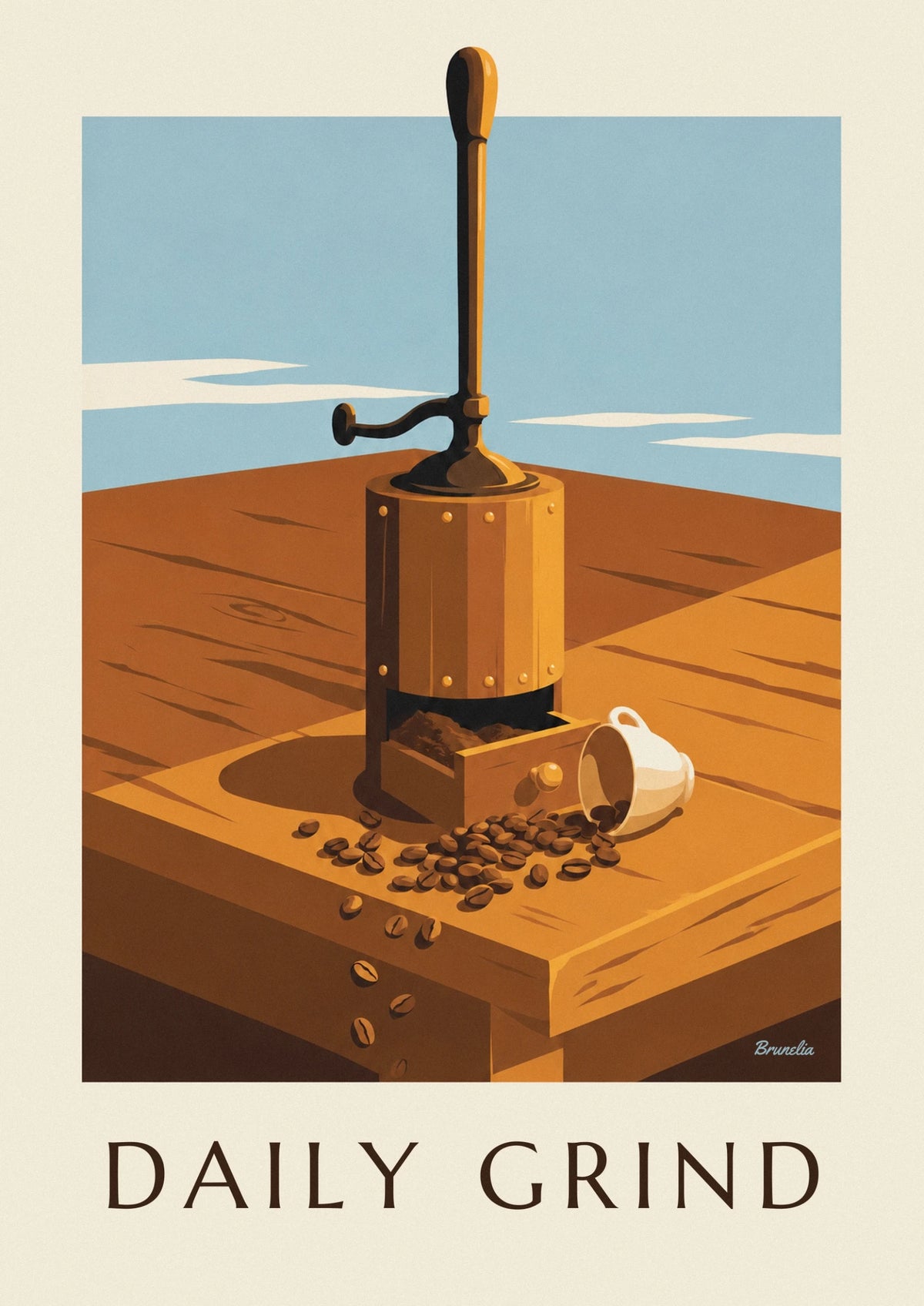 Affiche moulin à café en bois et grains de café