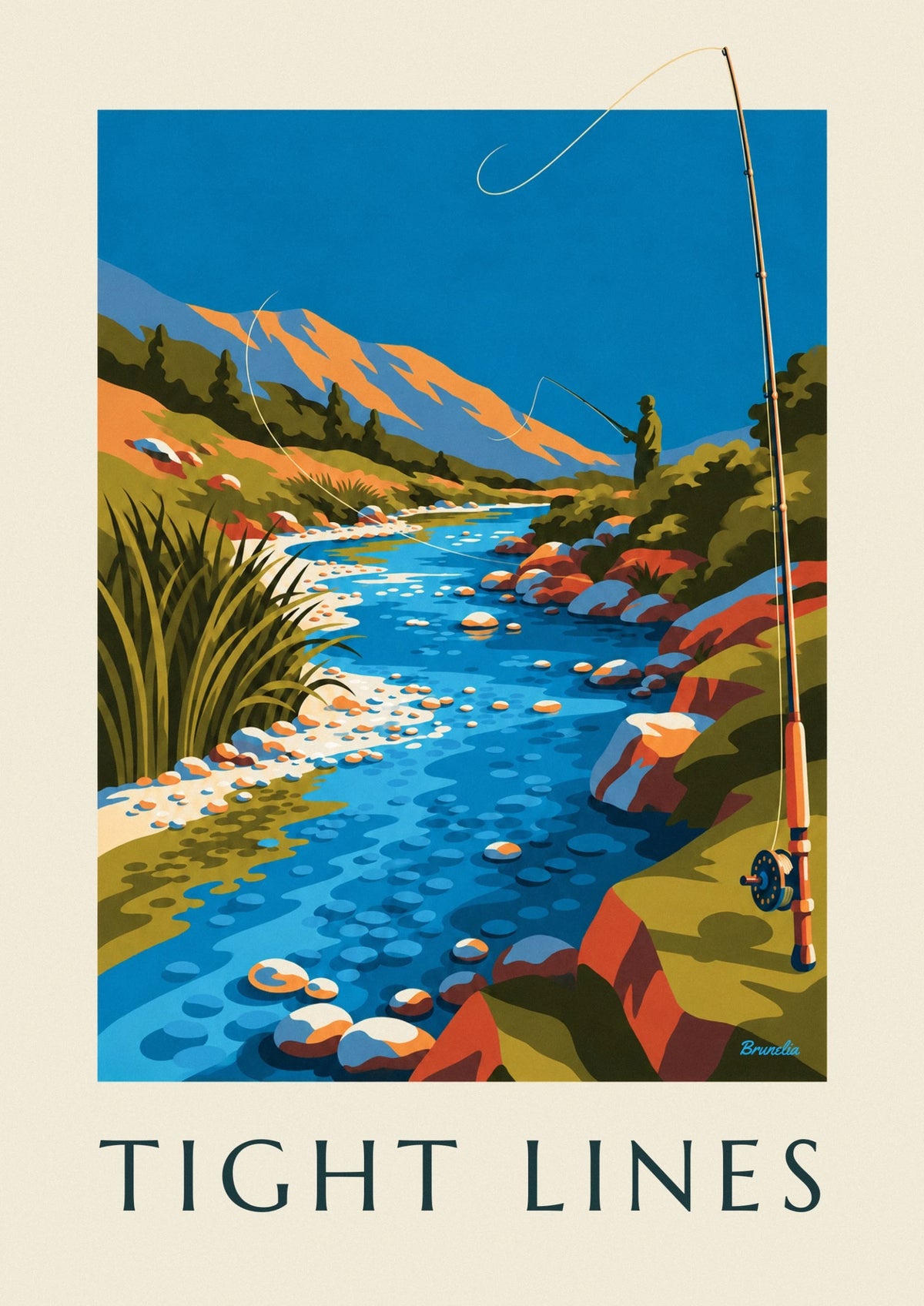 Affiche moulinet de pêche à la mouche au bord d’une rivière