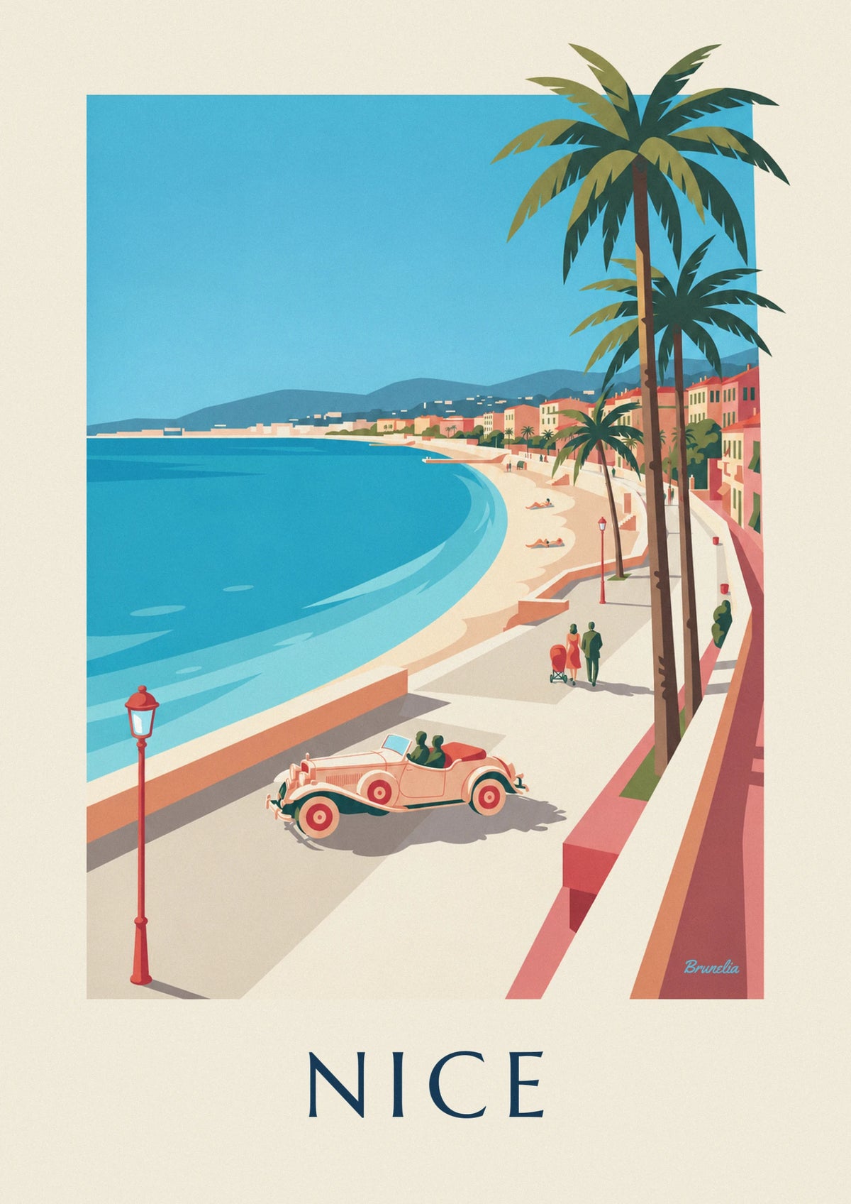 Affiche cabriolet et promeneurs sous les palmiers de la baie des Anges à Nice