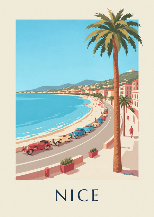 Affiche voitures anciennes sur la promenade des Anglais à Nice