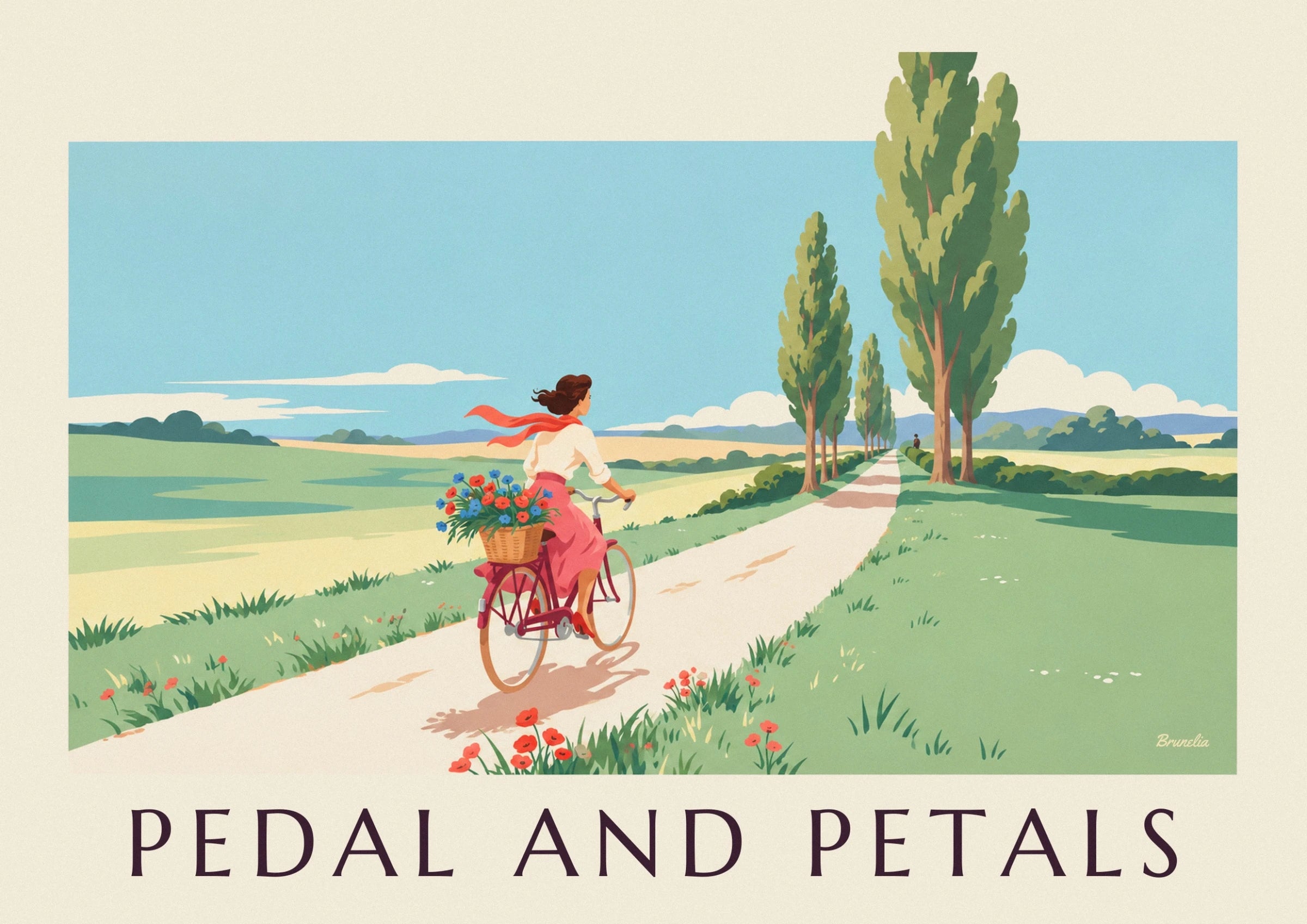 Affiche pin-up à vélo avec un panier de fleurs à la campagne : détail en gros plan