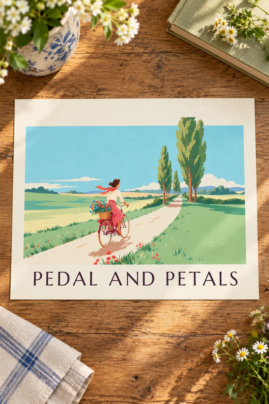 Affiche pin-up à vélo avec un panier de fleurs à la campagne : posée sur une table