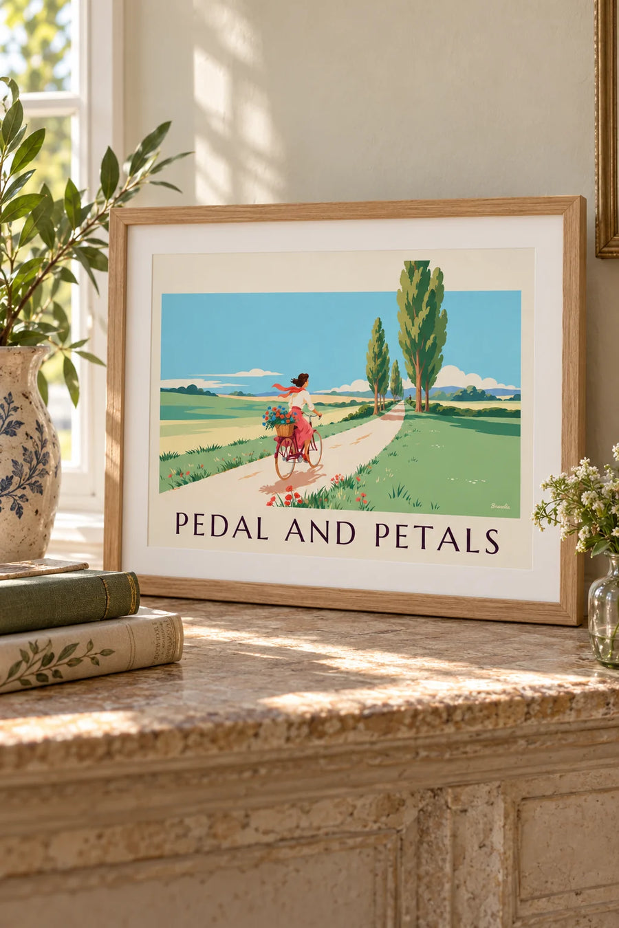 Affiche pin-up à vélo avec un panier de fleurs à la campagne : petit format A4 encadré