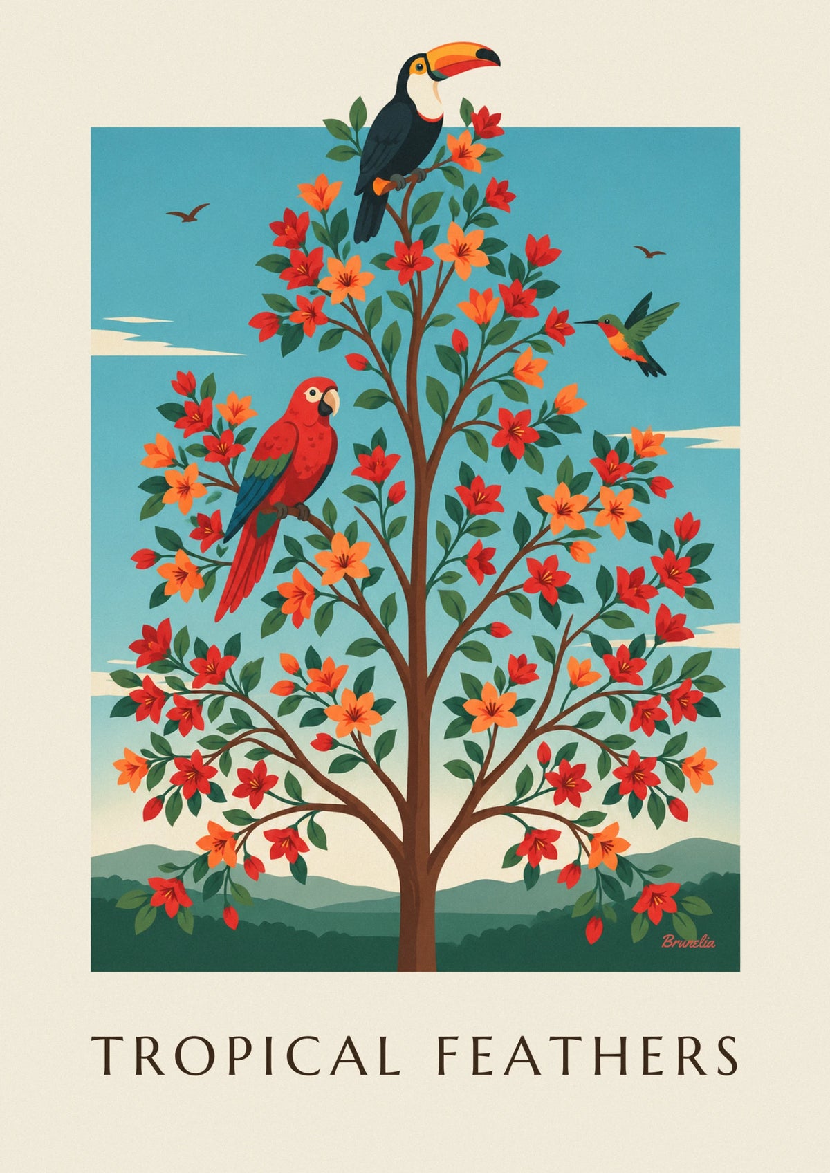 Affiche planche ornithologique de toucan, perroquet et colibri