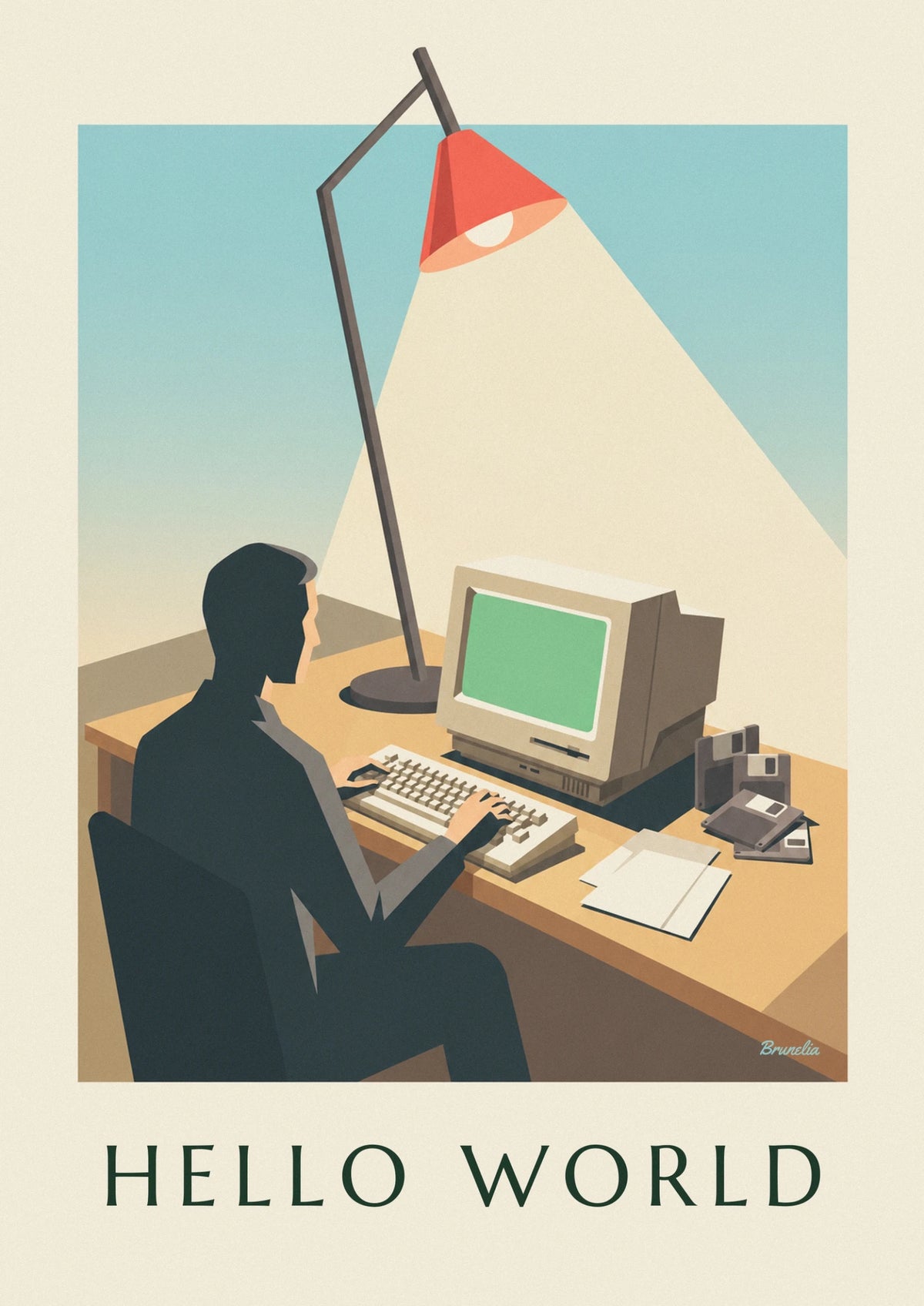 Affiche premier ordinateur personnel à écran vert sur un bureau