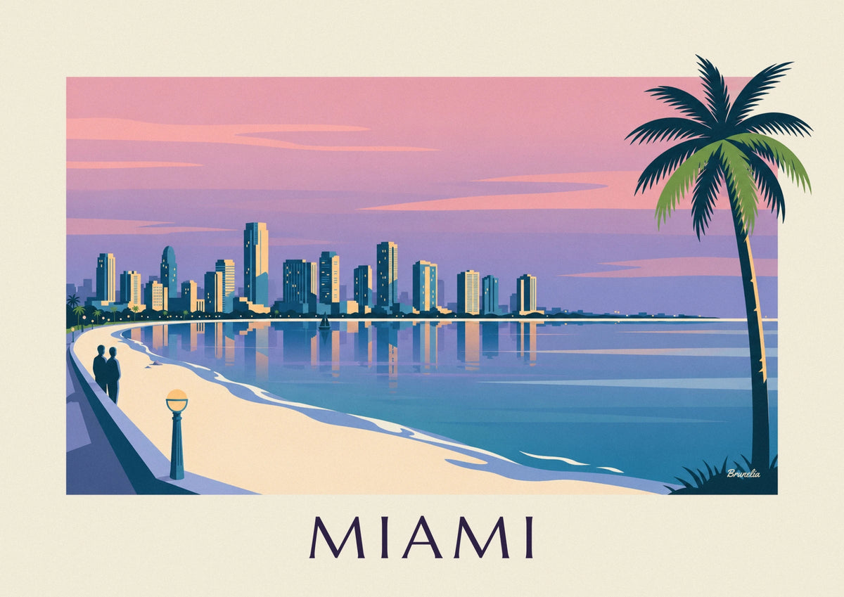 Affiche gratte-ciel et palmiers de Miami au crépuscule