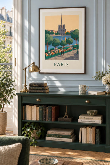 Affiche bouquinistes des quais de Seine à Paris : encadrée au mur