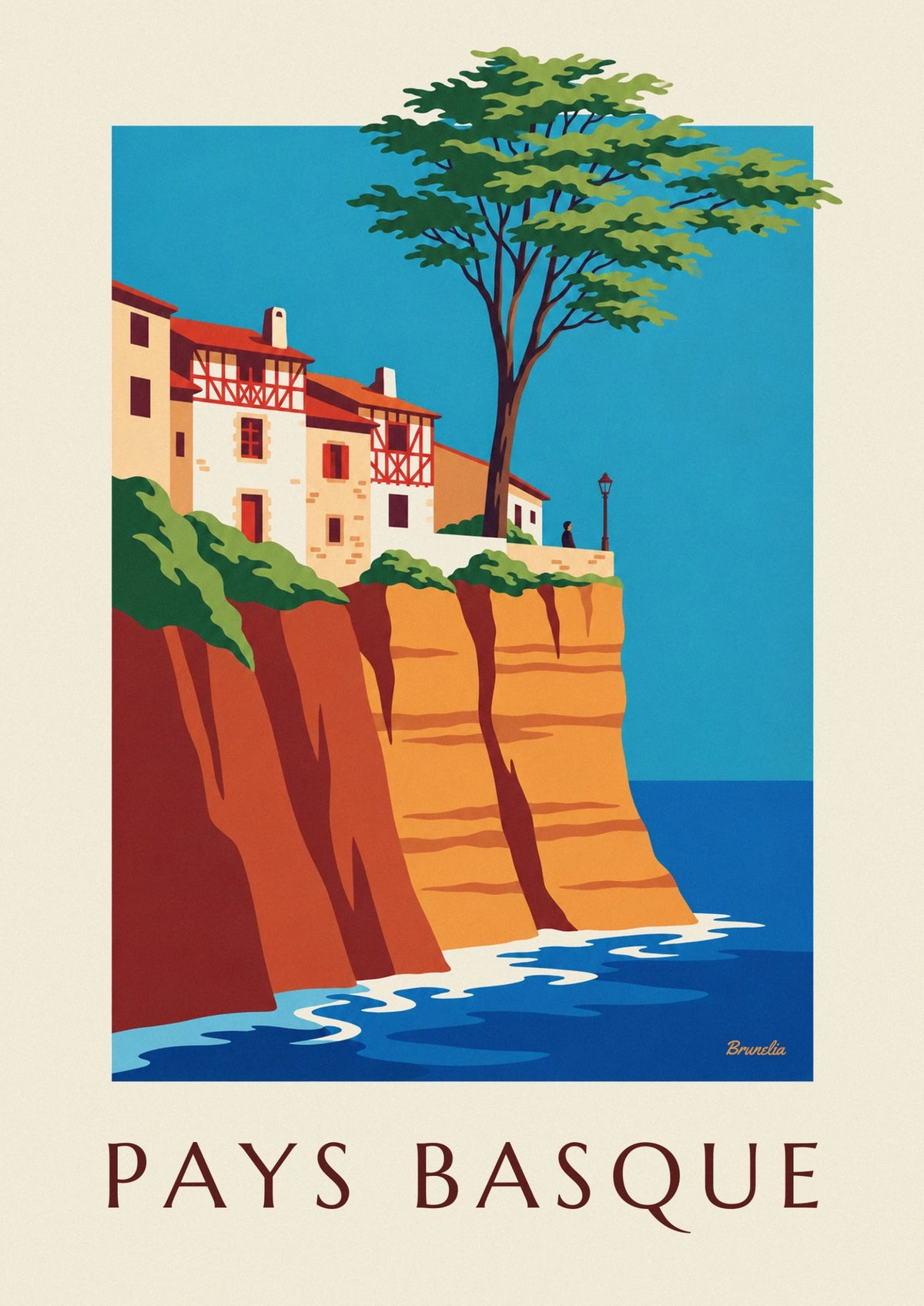 Affiche maisons basques et falaises rouges sur la côte