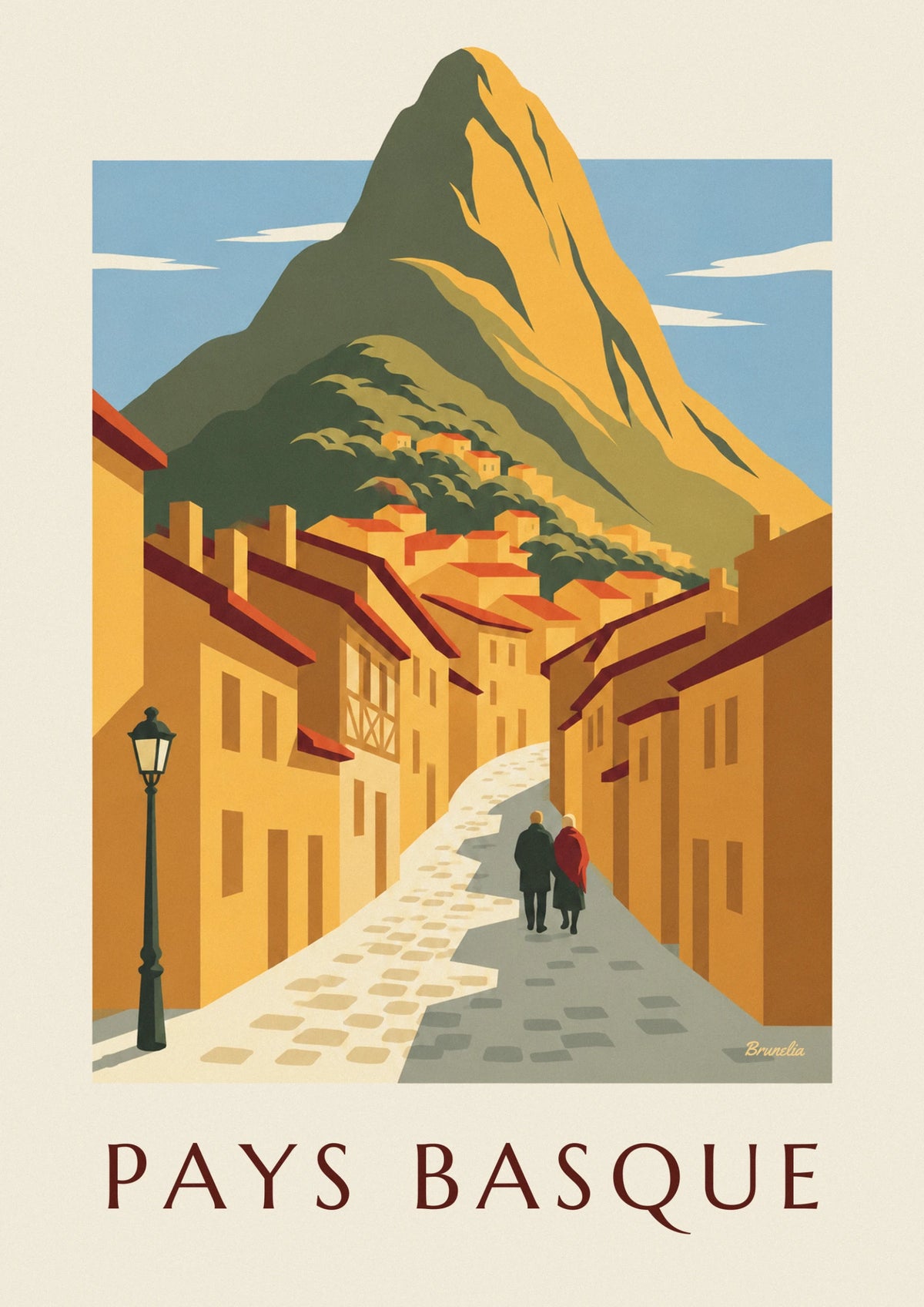 Affiche maisons ocre et montagne dorée d'un village du Pays basque