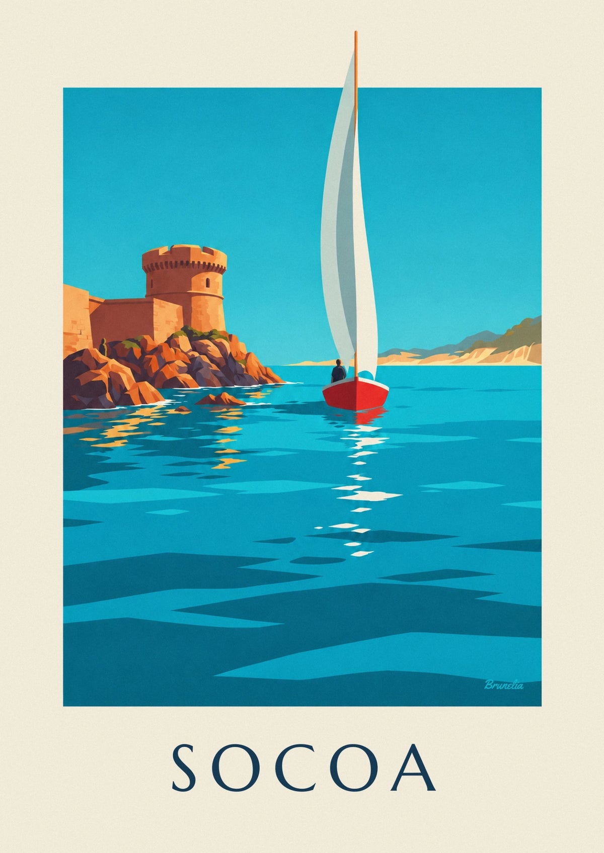 Affiche voilier devant le fort de Socoa à Saint-Jean-de-Luz