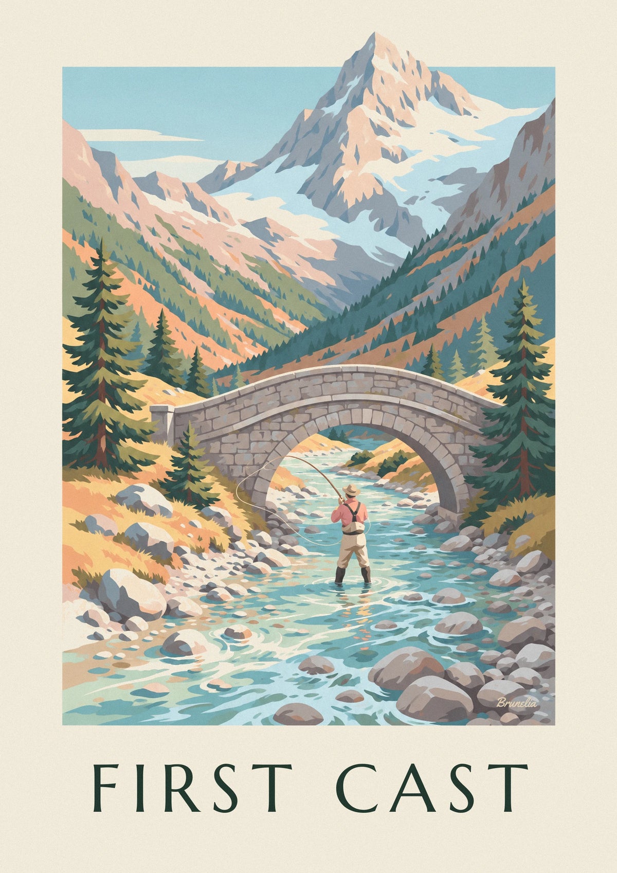 Affiche pêcheur à la mouche dans un torrent de montagne