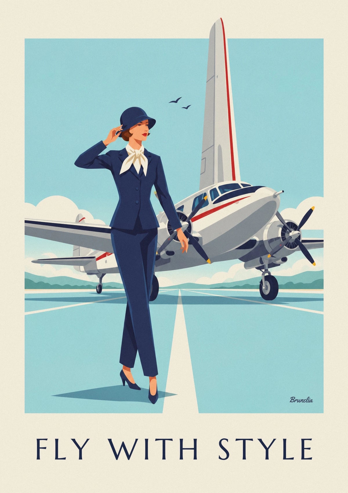 Affiche femme élégante devant un avion bimoteur à hélices