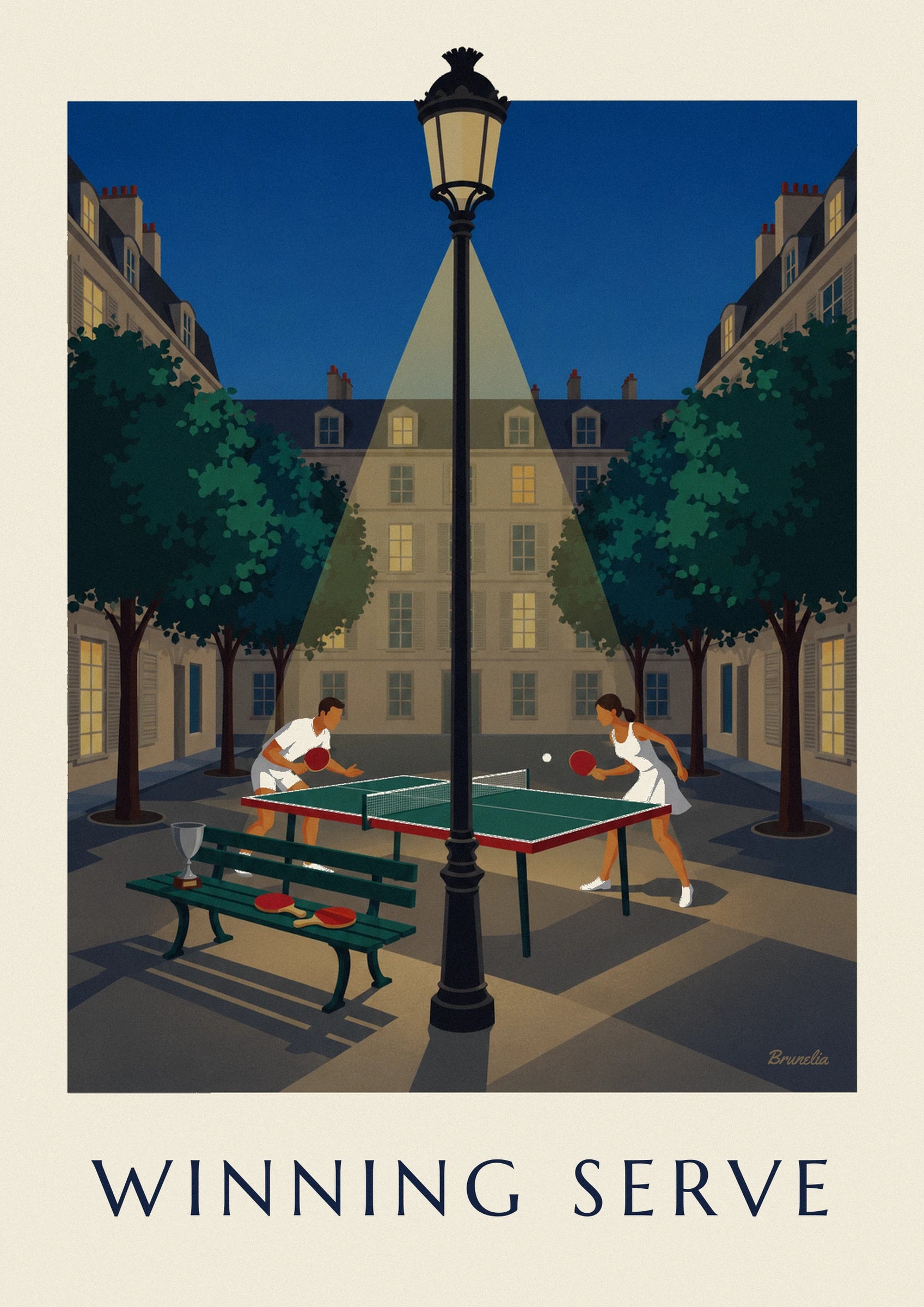 La joueuse en robe blanche, raquette rouge en main, devant la table de ping-pong