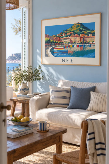 Affiche port Lympia et colline du Château à Nice : encadrée au mur