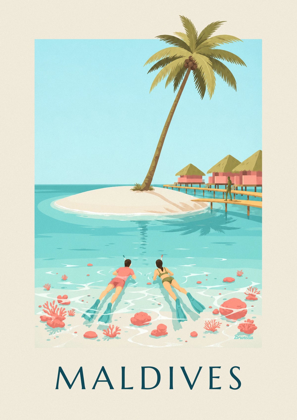 Affiche Maldives, plongeurs en tuba au-dessus des coraux du lagon