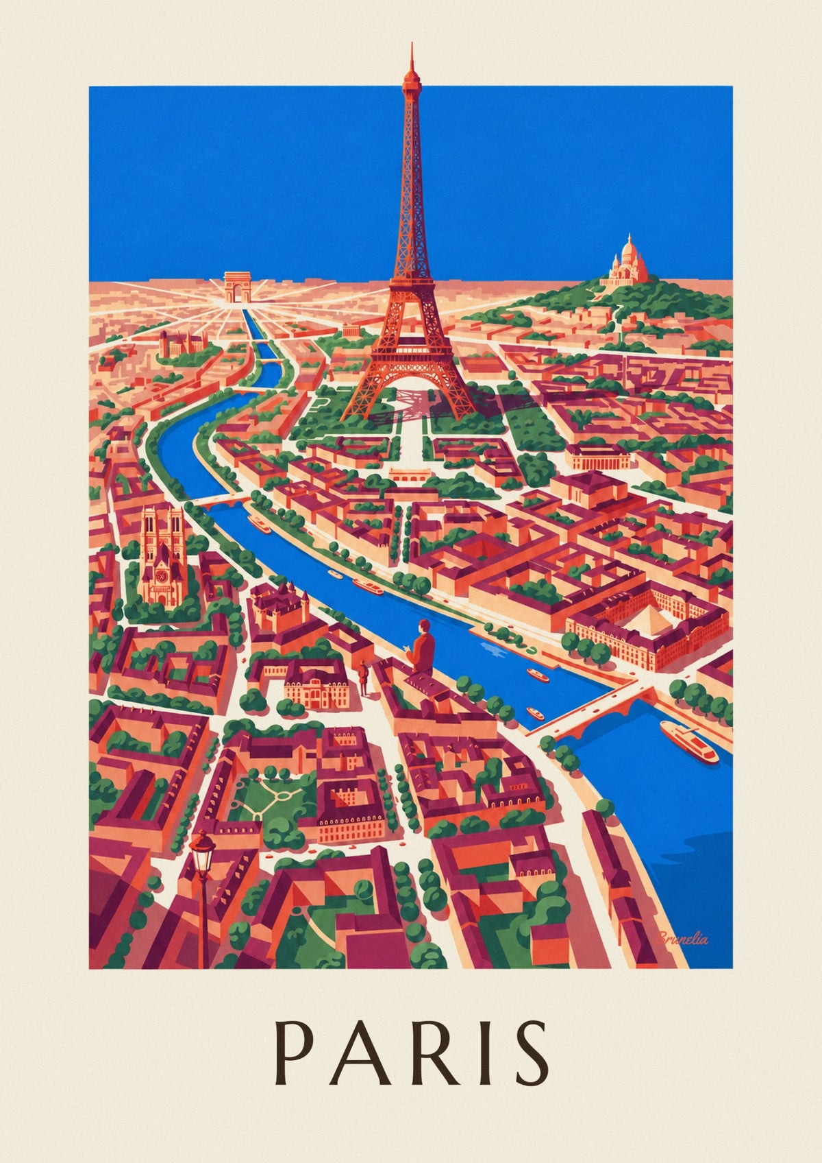 Affiche plan illustré de Paris, la Seine et ses monuments
