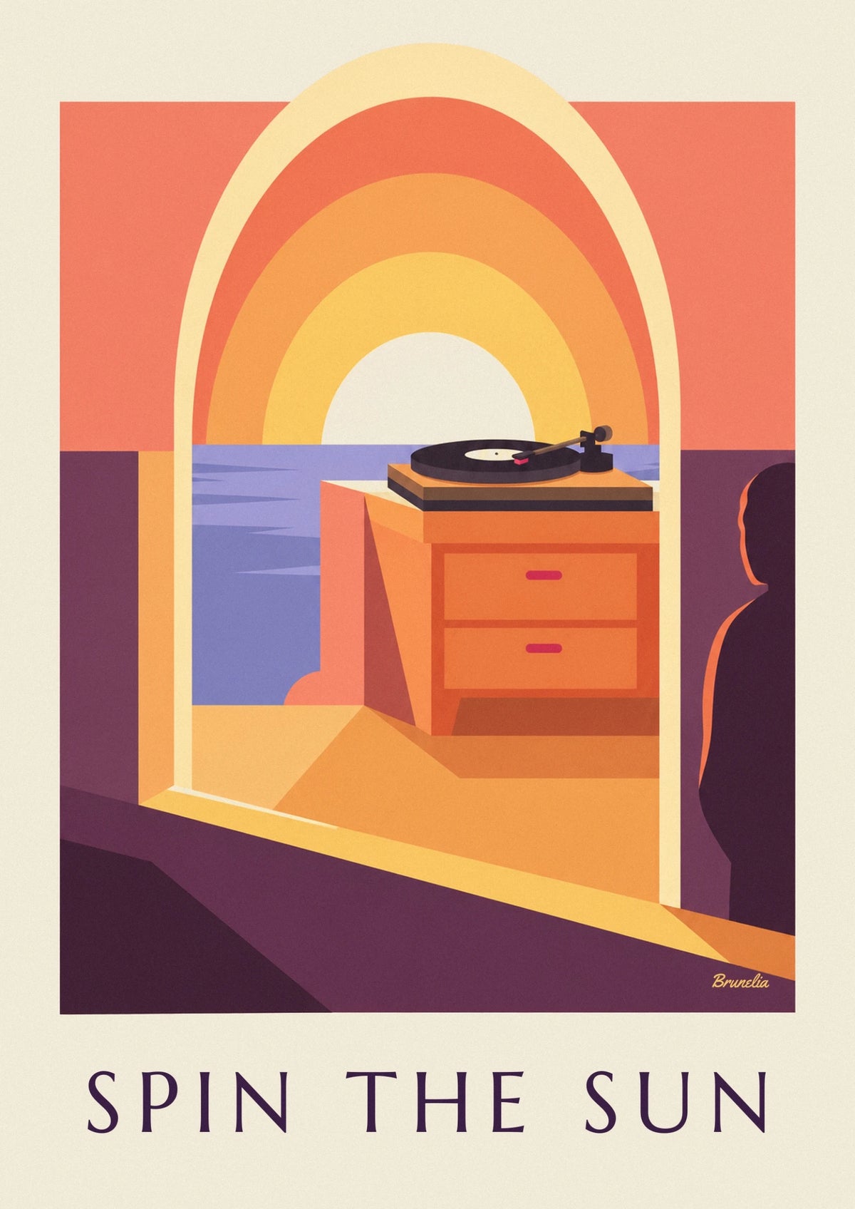 Affiche platine vinyle devant un grand soleil couchant