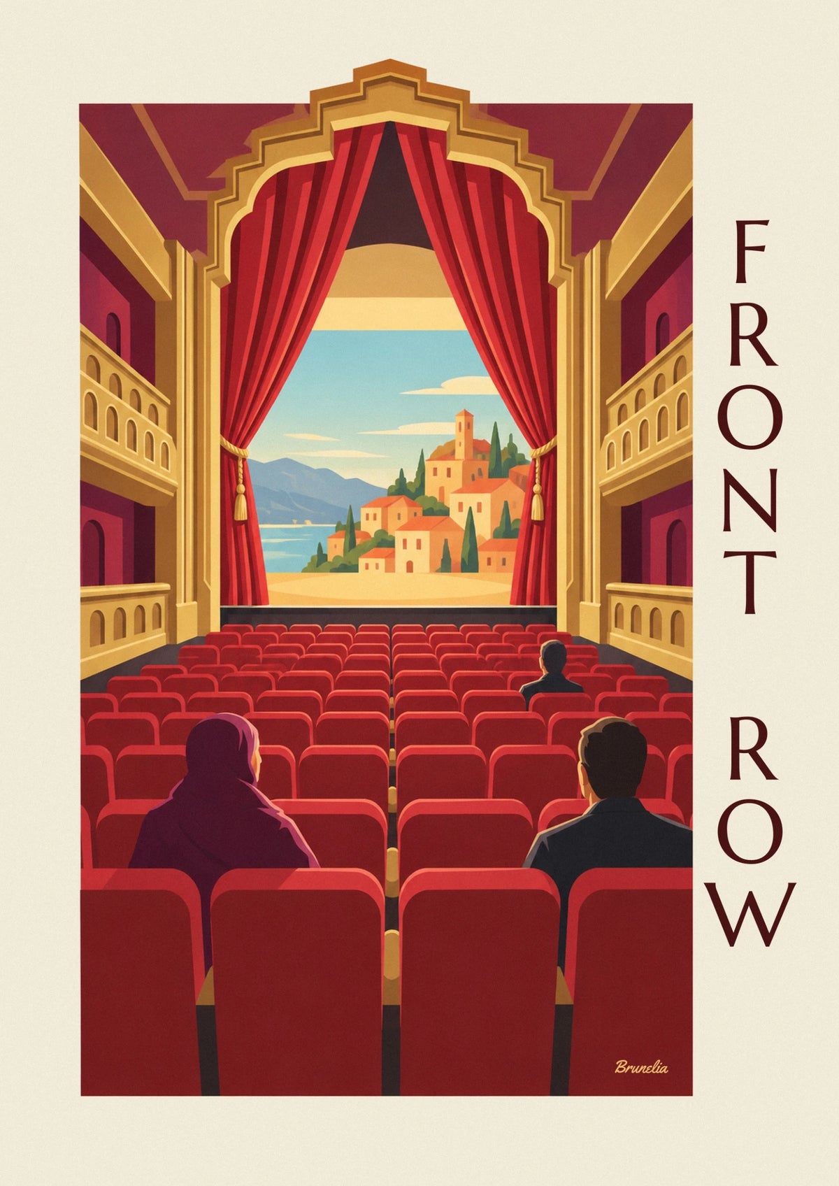 Affiche salle de cinéma aux fauteuils rouges en velours