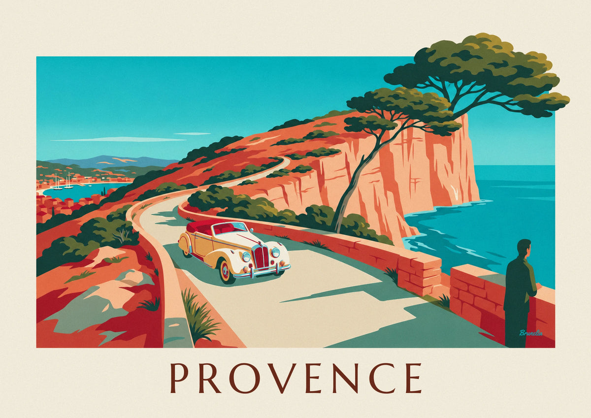 Affiche cabriolet sur la route des Crêtes au-dessus de Cassis