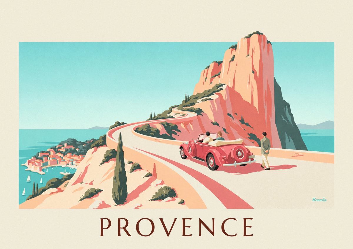 Affiche cabriolet sur la route des Crêtes au-dessus de Cassis